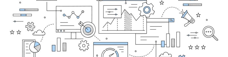 SEO optimization abstract business background with doodle icons. Diagram, magnifier, document, cogwheel and target with arrow, loudspeaker, gears, pc desktop and charts, line art vector concept